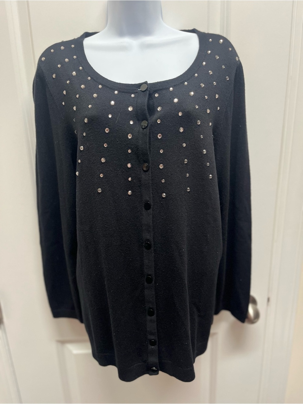 Talbots Plus 1X Black Cashmere Blend Rhinestone Studded Cardigan Sweater